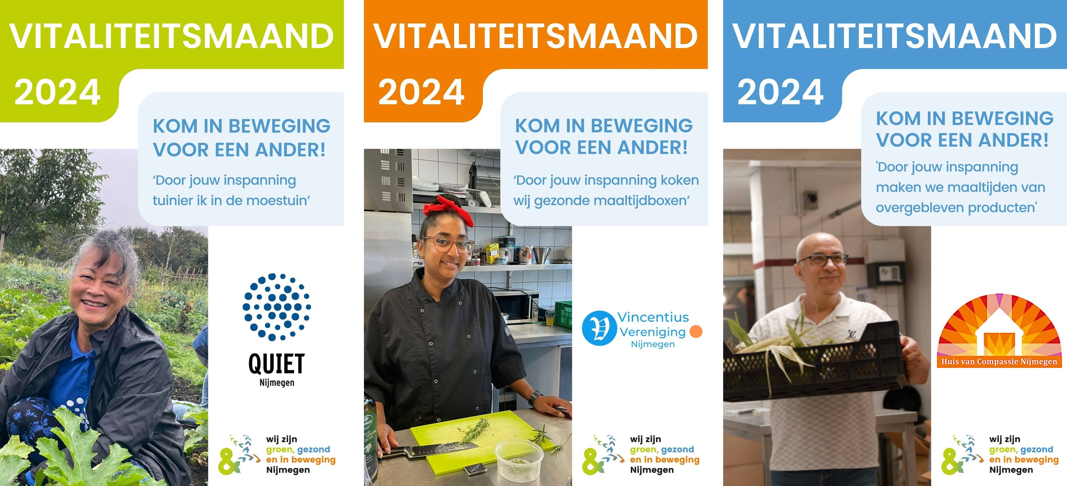 drie posters van de goede doelen, met foto's van vrijwilligers die aan het werk zijn voor het goede doel